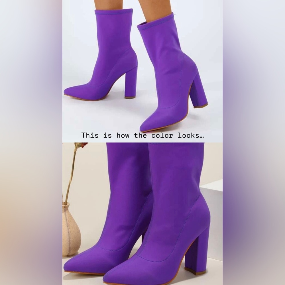 Purple Point Toe Chunky Heeled Sock Boots